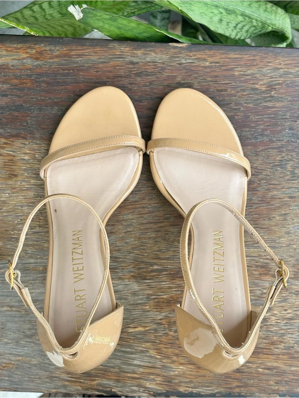 Stuart Weitzman Nudist II 75 Adobe Beige Patent Leather Strappy Sandals Size 9